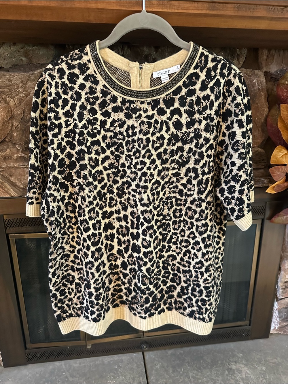 Chico's Black and Beige Leopard-Print Short-Sleeve Crew Sweater